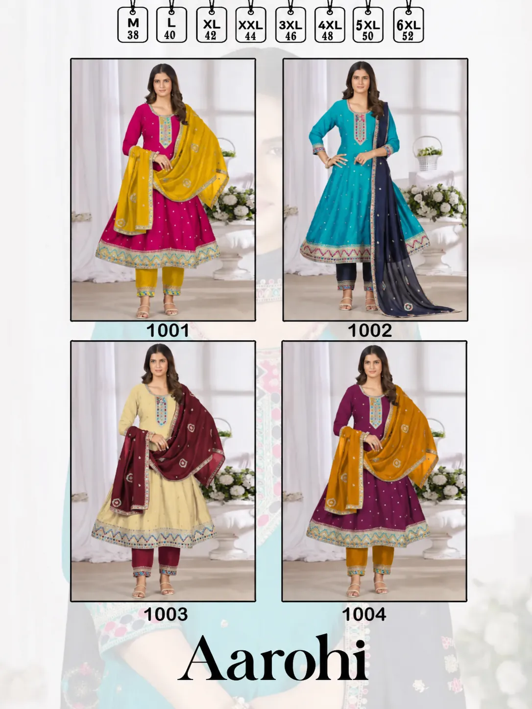 Aarohi catalogue: four Anarkali kurti sets with pants and dupatta, sizes M to 6XL