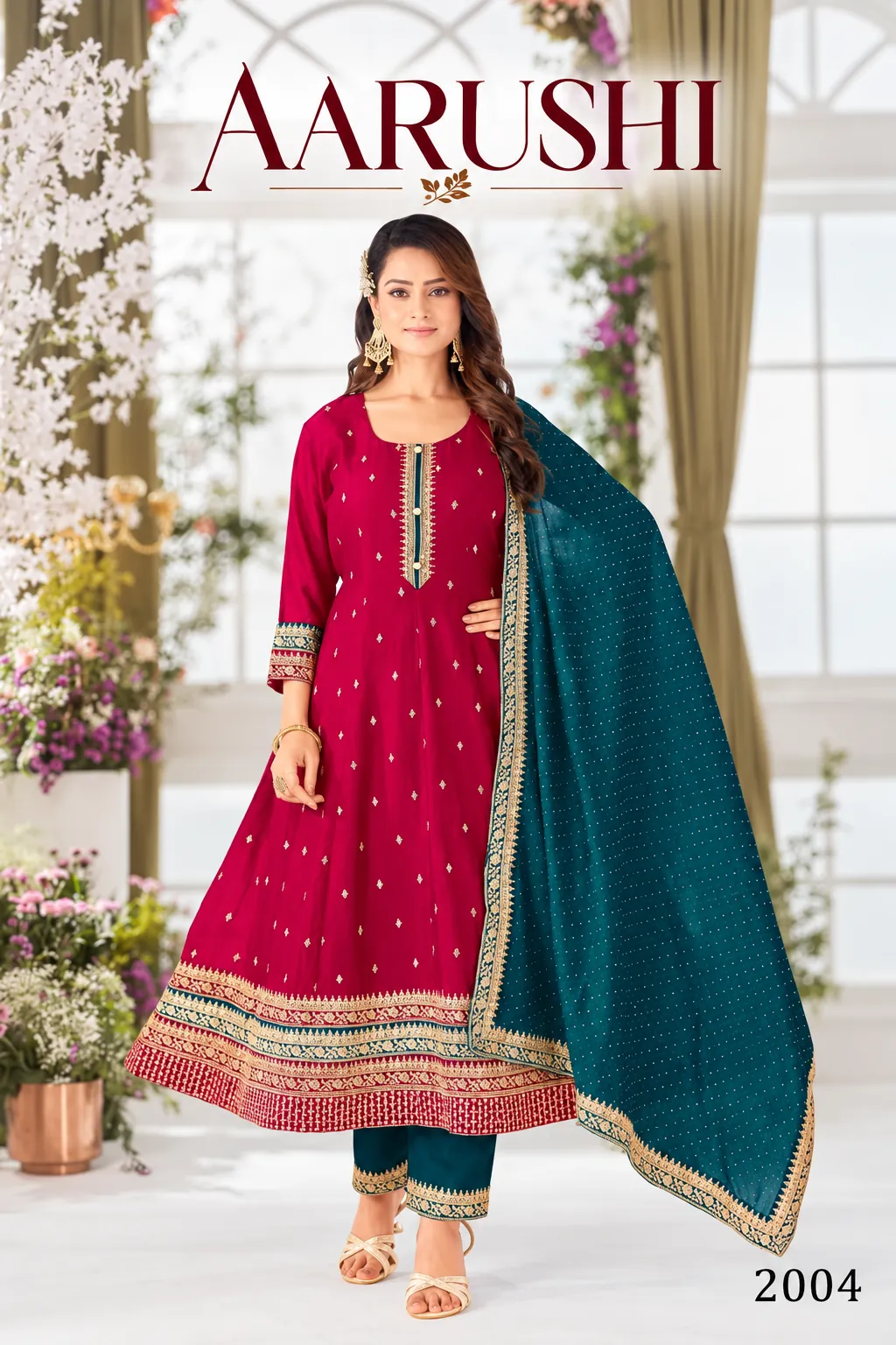 Aarushi catalogue: full-sleeve flared gown with embroidered hem and dupatta