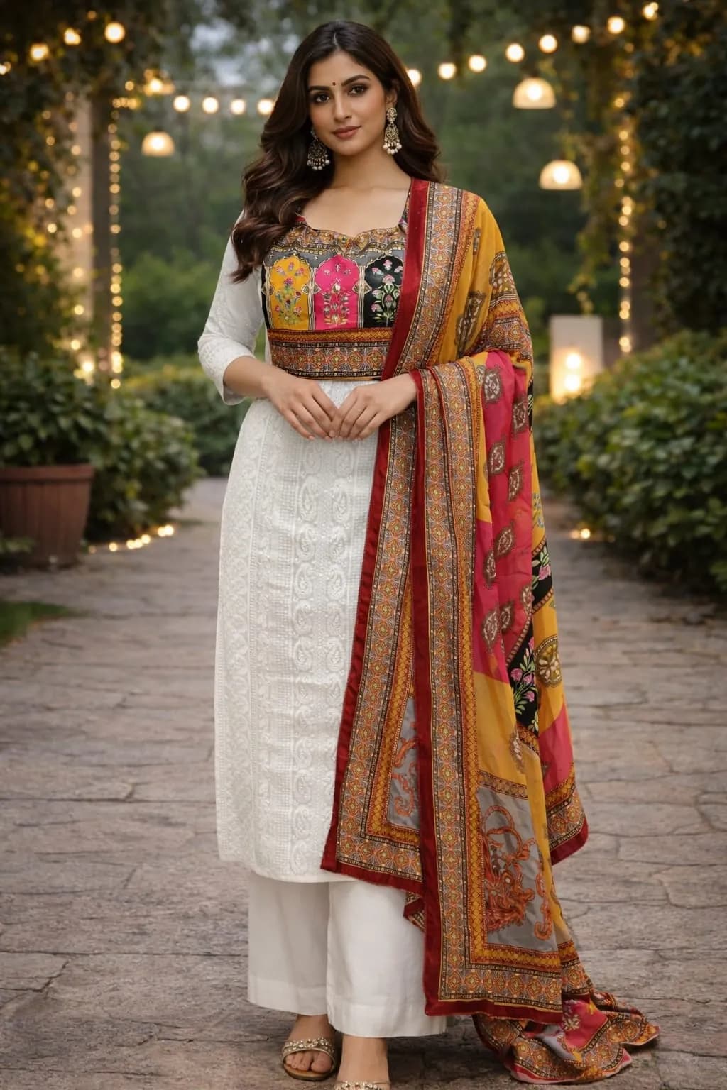 White kurti set with palazzo pants and a printed dupatta, the kind Malaysians call a Punjabi suit, from Lohiya Textiles