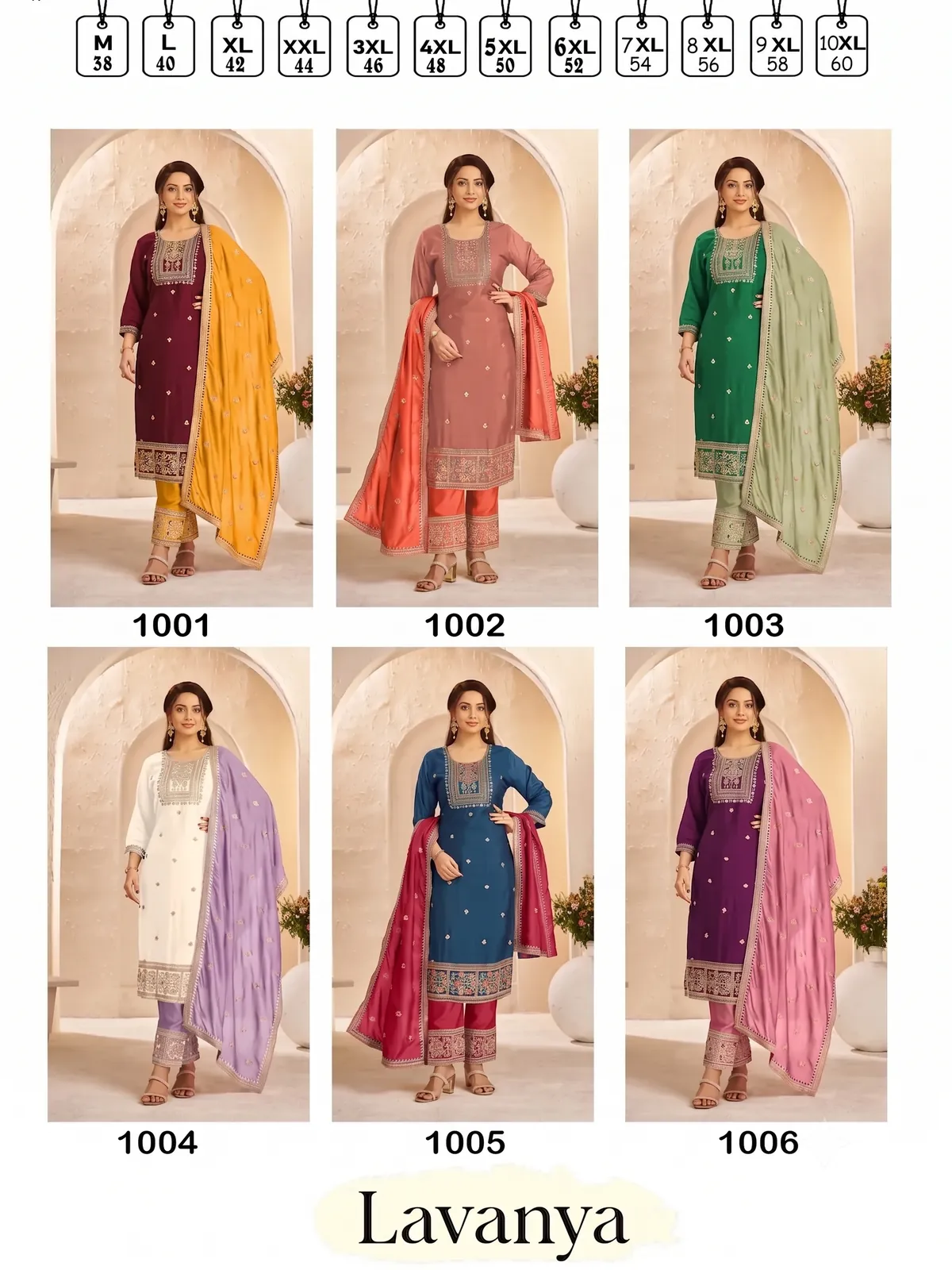 Lavanya catalogue: six embroidered kurti sets with pants and dupatta, sizes M to 10XL