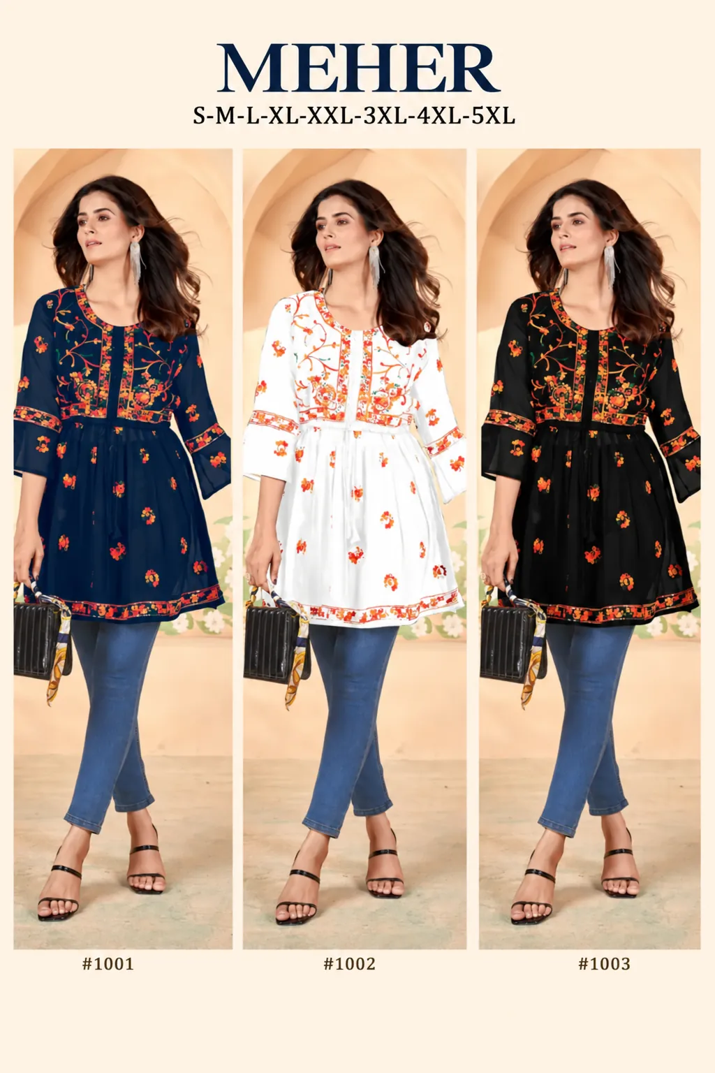 Meher catalogue: short embroidered tunic kurtis in three colours, sizes S to 5XL