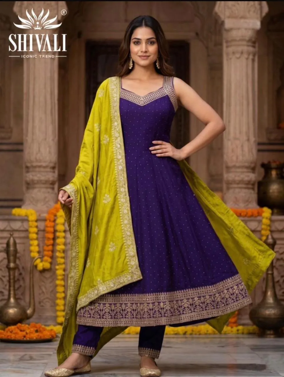 Shivali catalogue: floor-length Anarkali gown with pants and embroidered dupatta