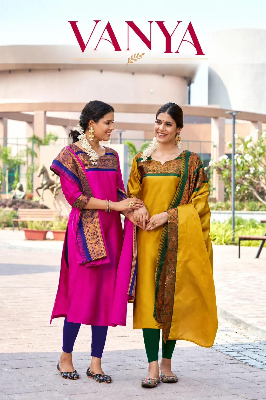 Vanya catalogue: solid-colour kurti sets with contrast-border dupatta