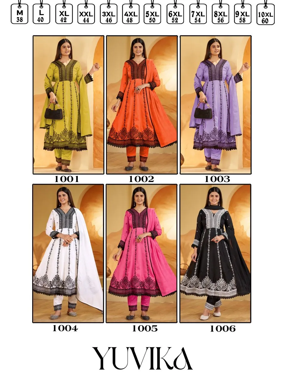 Yuvika catalogue: six full-sleeve Anarkali kurti sets, sizes M to 10XL